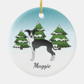 冬の森の黒イタリアンと白のグレイハウンド セラミックオーナメント (裏面)