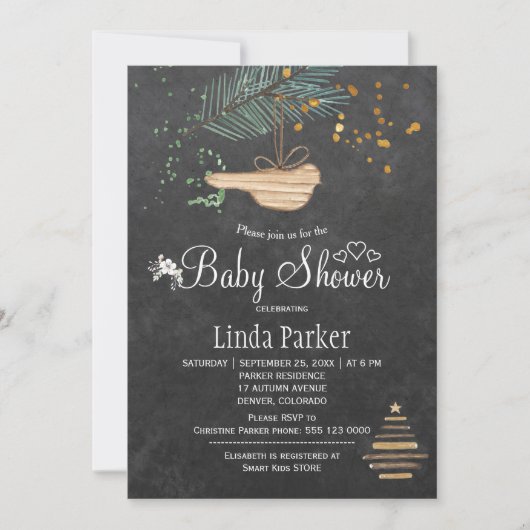 冬の森の黒板の水の色の赤ちゃんシャワー 招待状 (正面)