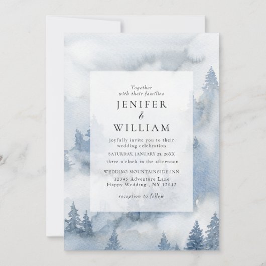 冬の森ほこりっぽい青い水の色結婚の 招待状 (正面)