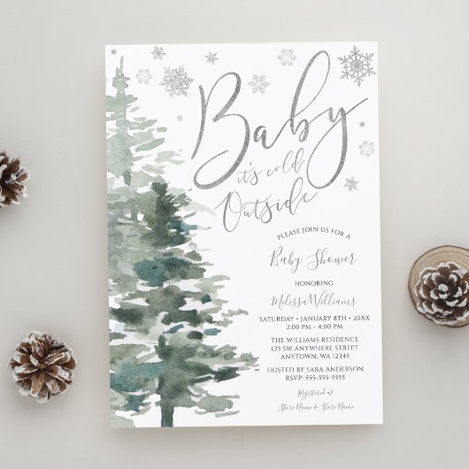 冬の森シルバーベビーシャワー外は寒い 招待状