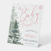 冬の森ピンクの赤ちゃんシャワーへようこそ 台座サイン (正面)