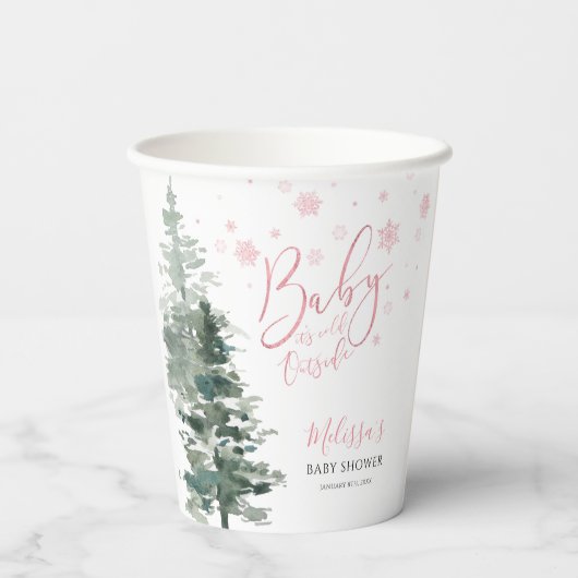 冬の森ピンク赤ちゃんシャワー外は寒い 紙コップ (裏面)
