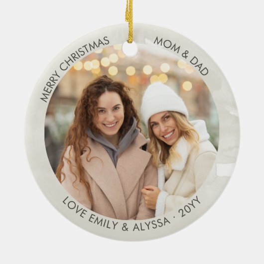 冬の森フクロウの水彩写真パーソナライズされた セラミックオーナメント (裏面)