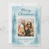 冬の森ブルーワンフォトクリスマスカード シーズンカード (正面)