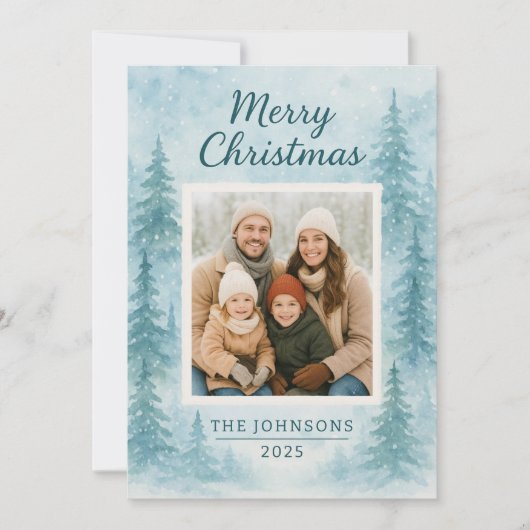 冬の森ブルーワンフォトクリスマスカード シーズンカード (正面)