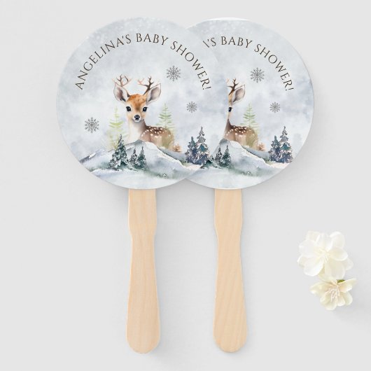 冬の森ベビー鹿ベビーシャワー ハンドファン (正面&裏面)
