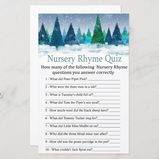 冬の森子供部屋ライムクイズベビーシャワーゲーム (正面/裏面)