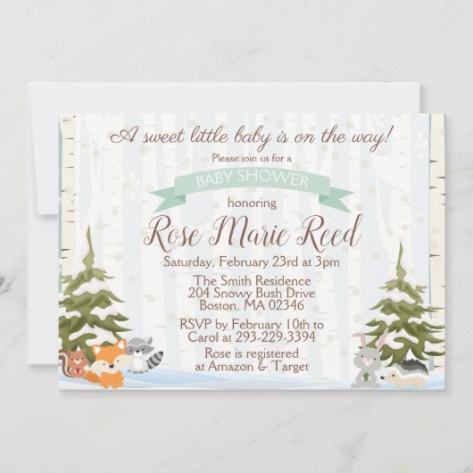 冬の森林動物たち，ワンダーランドのベビーシャワー 招待状 (正面)