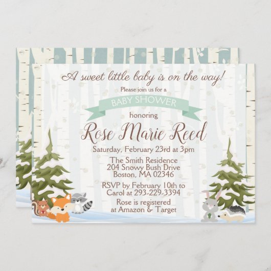 冬の森林動物たち,ワンダーランドのベビーシャワー 招待状 (正面/裏面)