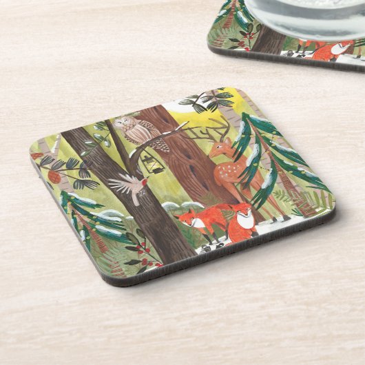 冬の森林動物と緑の森 コースター (左側)