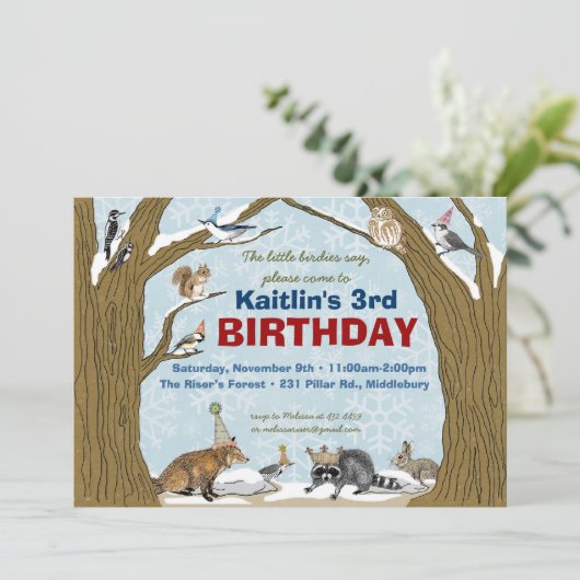 冬の森林動物のパーティの招待状 招待状 (スタンド正面)