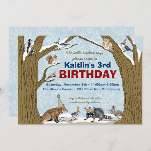冬の森林動物のパーティの招待状 招待状 (正面/裏面)