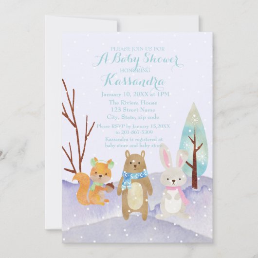 冬の森林動物のベビーシャワーの招待状 招待状 (正面)
