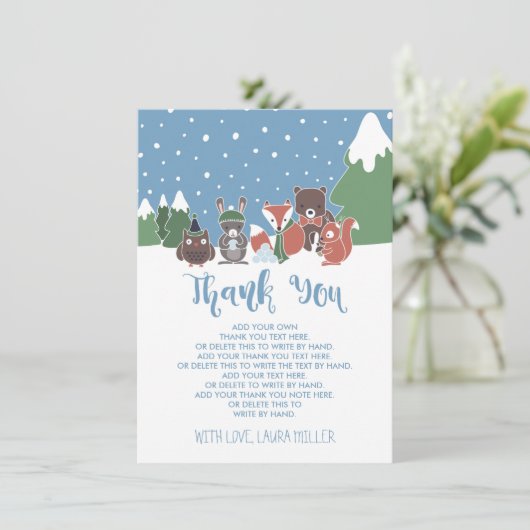 冬の森林動物のベビーシャワーは感謝していしています サンキューカード (スタンド正面)