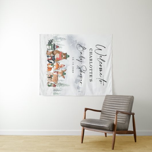 冬の森林動物のベビーシャワー歓迎 タペストリー (インサイチュ(横))