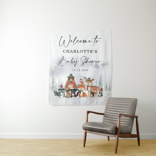 冬の森林動物のベビーシャワー歓迎 タペストリー (インサイチュ)