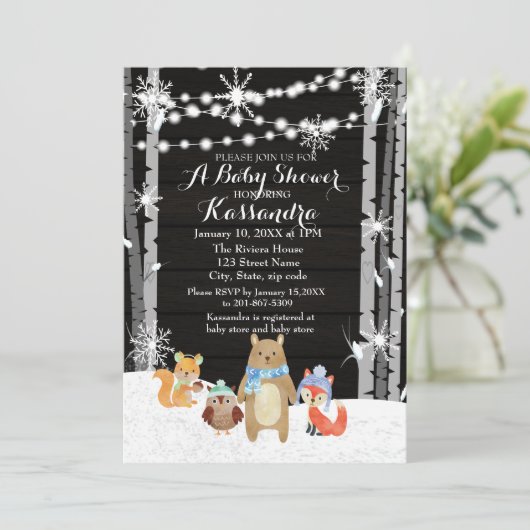 冬の森林動物の森の赤ちゃんシャワーカード 招待状 (スタンド正面)