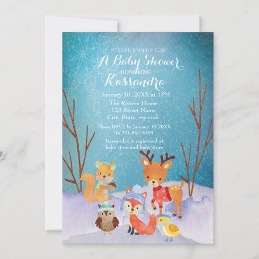 冬の森林動物の赤ちゃんシャワーカード 招待状 (正面)