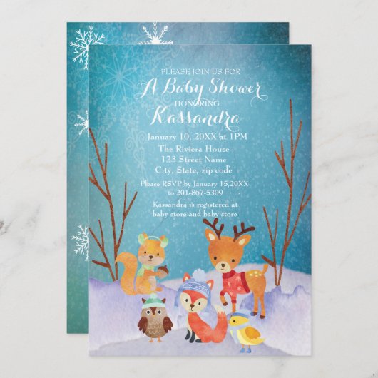 冬の森林動物の赤ちゃんシャワーカード 招待状 (正面/裏面)