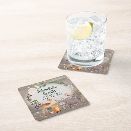 冬の森林動物の赤ちゃんシャワー スクエアペーパーコースター (インサイチュ)