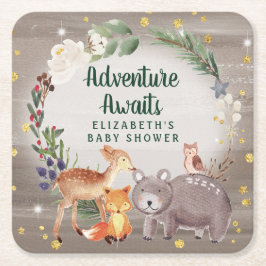 冬の森林動物の赤ちゃんシャワー スクエアペーパーコースター