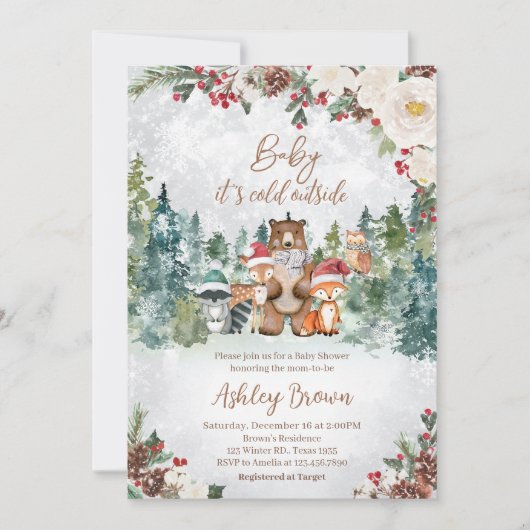 冬の森林動物の赤ちゃんシャワー 招待状 (正面)