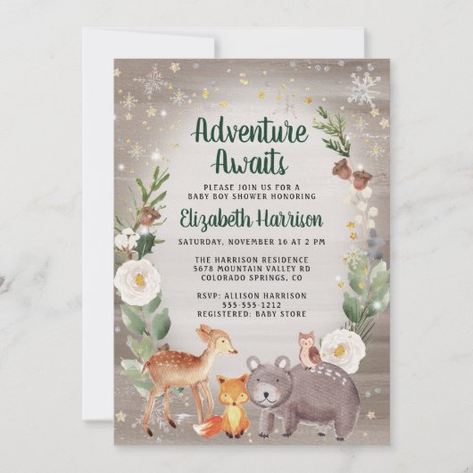 冬の森林動物の赤ちゃんシャワー 招待状 (正面)