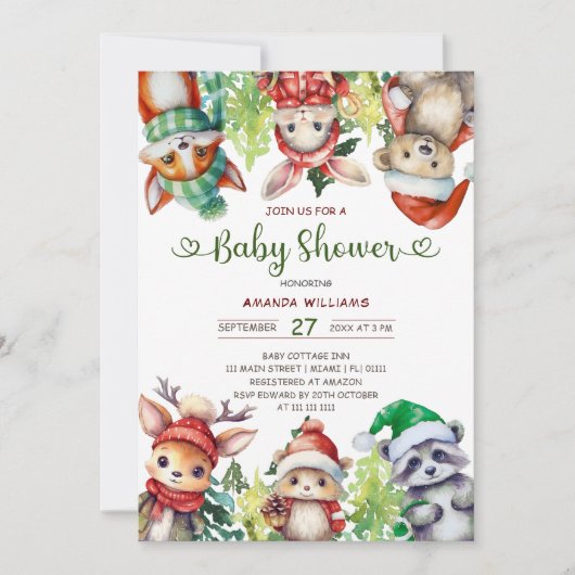 冬の森林動物の赤ちゃんシャワー 招待状 (正面)