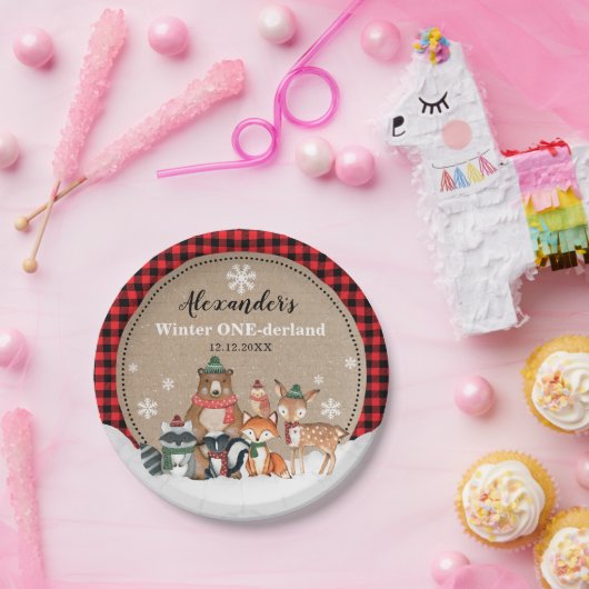 冬の森林動物オンダーランド1歳の誕生日 ペーパープレート (パーティー)