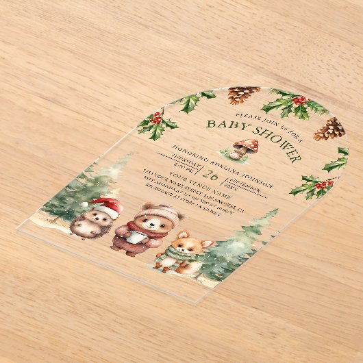 冬の森林動物クリスマスアーチ赤ちゃんシャワー アクリル招待状 (レイダウン)