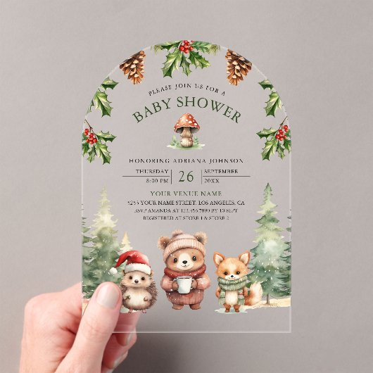冬の森林動物クリスマスアーチ赤ちゃんシャワー アクリル招待状 (インサイチュ (ポータブル))