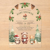 冬の森林動物クリスマスアーチ赤ちゃんシャワー アクリル招待状 (正面)