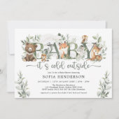 冬の森林動物セージ緑の赤ちゃんシャワー 招待状 (正面)