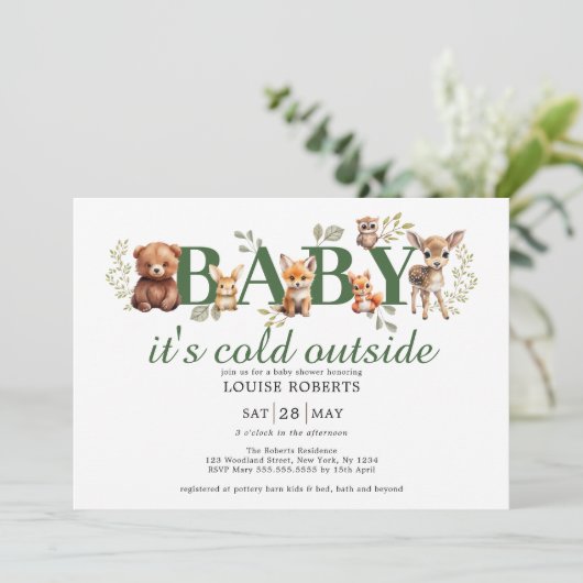 冬の森林動物セージ緑の赤ちゃんシャワー 招待状 (スタンド正面)