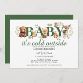 冬の森林動物セージ緑の赤ちゃんシャワー 招待状 (正面/裏面)