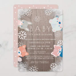 冬の森林動物ピンクの車で赤ちゃんシャワー 招待状