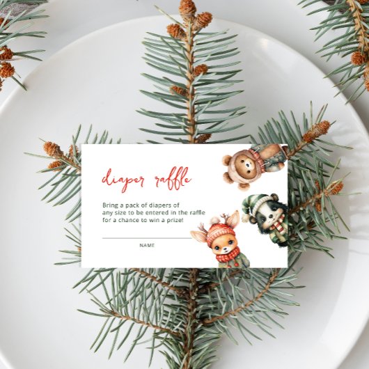 冬の森林動物ベビーシャワーおむつラッフル エンクロージャーカード