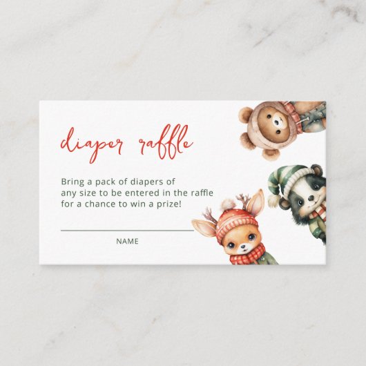 冬の森林動物ベビーシャワーおむつラッフル エンクロージャーカード (正面)