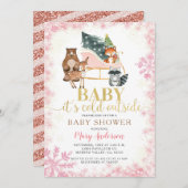 冬の森林動物、松の木の赤ちゃんシャワー    招待状 (正面/裏面)