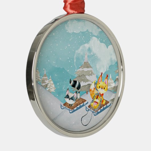 冬の森林友人-キツネのハリネズミのイラストレーション メタルオーナメント (右)