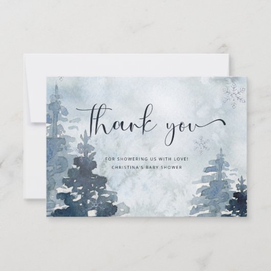 冬の森林外の冷たい赤ちゃんシャワー サンキューカード (正面)