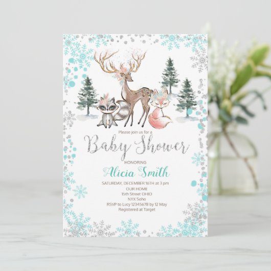 冬の森林森林女の赤ちゃんのシャワーの招待状 招待状 (スタンド正面)