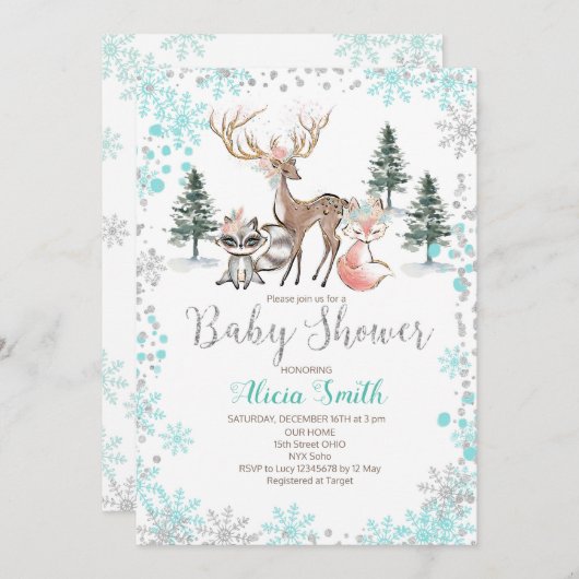 冬の森林森林女の赤ちゃんのシャワーの招待状 招待状 (正面/裏面)