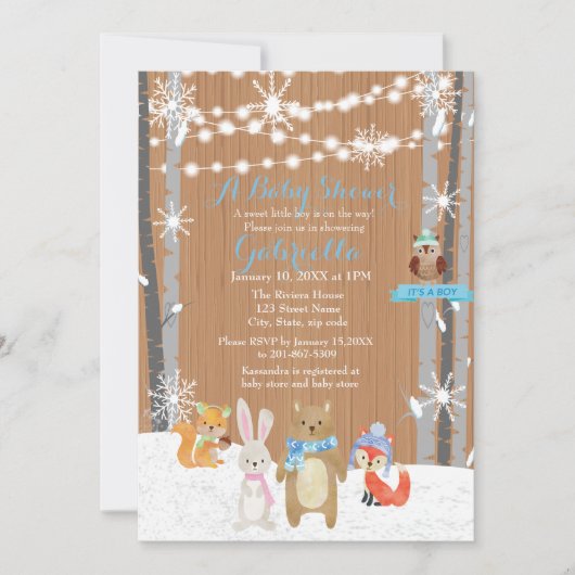 冬の森林森林男の赤ちゃんのシャワーの招待状 招待状 (正面)