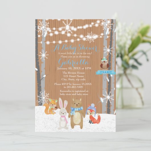 冬の森林森林男の赤ちゃんのシャワーの招待状 招待状 (スタンド正面)