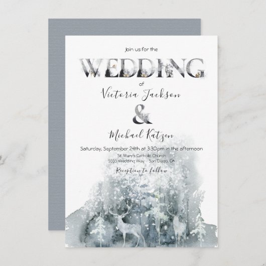 冬の森林水の色結婚の 招待状 (正面/裏面)