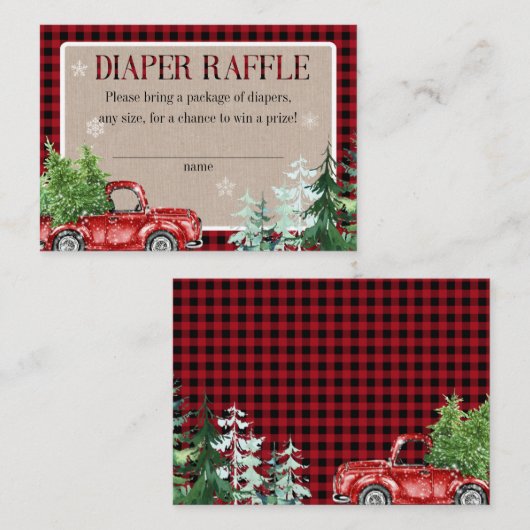 冬の森林赤トラック赤ちゃんシャワーおむつラッフル エンクロージャーカード (正面/裏面)