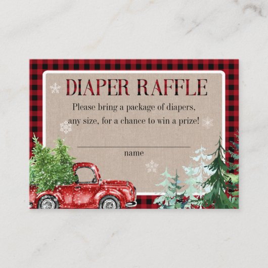 冬の森林赤トラック赤ちゃんシャワーおむつラッフル エンクロージャーカード (正面)