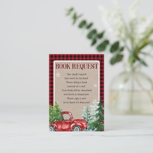 冬の森林赤トラック赤ちゃんシャワー エンクロージャーカード (スタンド正面)