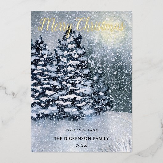 冬の森林雪の松の木を覆った 箔シーズンカード (正面)
